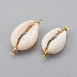 Cowrie Shell Links connectors, with Brass Findings, Golden, Seashell, 26~38x10~14x6~8mm, Hole: 1.5mm