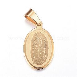 Pendentifs en 304 acier inoxydable, ovale avec la Vierge Marie, or, 21x13x1.5mm, Trou: 4.5x6.5mm