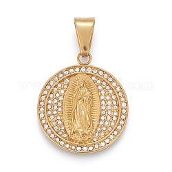 304 Edelstahl Lady of Guadalupe Anhänger, mit Strass-Kristall, flach rund mit Jungfrau Maria, golden, 34.5x30x4 mm, Bohrung: 6.5x11.5 mm