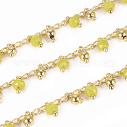 Handmade Glass Beaded Chains, with Brass Curb Chains, Long-Lasting Plated, with Spool, Soldered, Faceted, Rondelle, Golden, Light Khaki, 1.5mm, about 32.8 Feet(10m)/roll