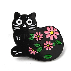 Spille smaltate con gatto e fiore dei cartoni animati, spilla in lega nera per vestiti da zaino, rosso violaceo chiaro, 28x30x1.5mm