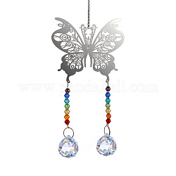 Glass Big Pendant Decorations, Hanging Suncatchers, with Metal Butterfly Link for Garden Decoration, Round, 450mm