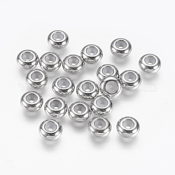 Perles en 201 acier inoxydable, avec caoutchouc à l'intérieur, perles de curseur, perles de bouchage, rondelle, couleur inoxydable, 7x3.5mm, trou en caoutchouc: 1 mm