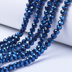 Electroplate transparentes abalorios de vidrio hebras, lleno chapado, facetados, rerondana plana, azul chapado, 10x8mm, agujero: 1 mm, aproximamente 65~66 pcs / cadena, 20.8~21.2 pulgada (53~54 cm)