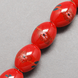 Perline porcellana stampato fatto a mano, ovale, rosso, 11x11x8mm, Foro: 3 mm