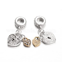 Ciondoli pendenti europei con strass in lega di cuore, Ciondoli di grandi dimensioni, argento antico e oro antico, cirstallo, 26mm, Foro: 4.5 mm