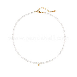 Collane con ciondolo rotondo piatto in vero acciaio inossidabile placcato oro 18k, con imitazione perla in rilievo, bianco, 17.72 pollice (45 cm)