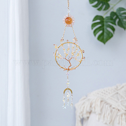 Natural Gemstone Chips Tree of Life Pendant Decoration, Hanging Suncatchers, with Glass Bead and Iron & Brass Findings, for Window Home Garden Decoration, Moon, Colorful, 420mm