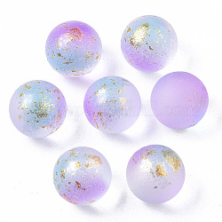 Perles de verre dépoli peintes à la bombe transparente, avec une feuille d'or, pas de trous / non percés, ronde, lilas, 10mm