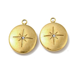 304 Stainless Steel Pendants, with Crystal Rhinestone, Flat Round with Star Charms, Real 14K Gold Plated, 16x12x3mm, Hole: 1.5mm