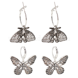 ANATTASOUL 2 Pairs 2 Style Moth & Butterfly Zinc Alloy Dangle Hoop & Leverback Earrings, Insect Jewelry for Women, Antique Silver, 27~45mm, Pin: 0.6~0.7mm, 1 Pair/style