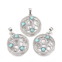 Synthetic Turquoise Pendants, with Platinum Tone Brass Findings and Crystal Rhinestone, Flat Round, 29x25.5x4.5mm, Hole: 4.5x8mm