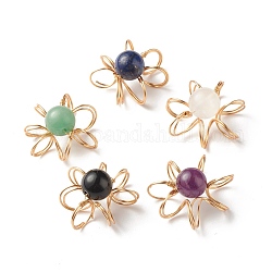 Natural & Synthetic Gemstone Pendants, with Eco-Friendly Copper Wire, Flower, Golden, 32x32x19mm, Hole: 9mm