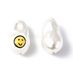 Perles en émail coquillage, ovale avec visage souriant, blanc, 21~21.5x12.5~13x12mm, Trou: 1~1.2mm
