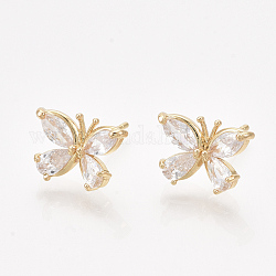 Brass Earring Studs, with Cubic Zirconia, Butterfly, Real 18K Gold Plated, 9.5x13.5mm, Pin: 0.8mm