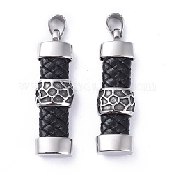 Imitation Leather Pendants, with 304 Stainless Steel Findings, Rectangle, Black, Antique Silver & Stainless Steel Color, 54.5x16x10mm, Hole: 6x9mm