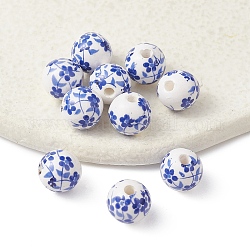 Abalorios de porcelana hechas a mano, porcelana azul y blanca, redondo con flor, azul, 8mm, agujero: 1.8 mm