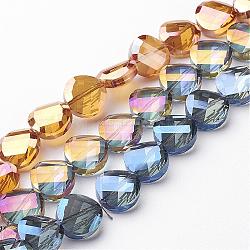 Electroplate Glass Beads Strands, Rainbow Plated, Faceted, Twist, Mixed Color, 14x14x7mm, Hole: 1mm, about 30pcs/strand, 16.5 inch