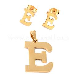 304 Stainless Steel Pendants and Stud Earrings Jewelry Sets, Alphabet, Letter.E, 20~23x13~19x1.5mm, Hole: 6x3mm, 6~10x6~9x1mm, Pin: 0.8mm