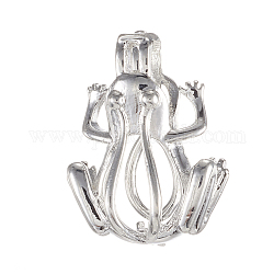 Brass Locket Pendants, Cage Pendants, Cadmium Free & Nickel Free & Lead Free, Hollow Frog, Silver Color Plated, 23x17.5x10mm, Hole: 2x5mm