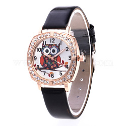Damen-Quarzarmbanduhren aus Kunstleder, mit Strass und Uhrenkopf aus Legierung, Eulenmuster, Schwarz, Uhr-Gesicht: 35 mm, Armband: 240x16 mm