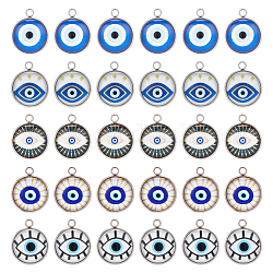 Dicosmetic 30 Uds. Amuleto de ojo de vidrio luminoso, amuleto de mal de ojo azul, amuleto redondo plano, amuleto de protección turco, amuleto de la suerte, amuleto de ojo de hamsa de acero inoxidable para manualidades, fabricación de joyas, agujero: 1.6 mm
