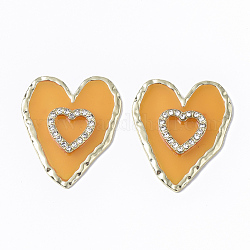 Epoxidharz-Cabochons, mit kristallklarem Strass und hell vergoldeter Lünette mit offener Rückseite, Herz, orange, 36.5x31x4 mm