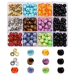 Kit de fabrication de bracelet de perles de pierre mélangées rondes diy, y compris perles de pierres mélangées naturelles et synthétiques, Perles en résine, perle d'espacement en alliage et strass en laiton, fil élastique, couleur mixte, perles de pierre: 180 pièces/ensemble