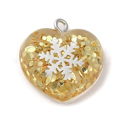 Акриловые кулон, с железной фурнитурой, блеск, Сердце Валентина со снежинкой, золотые, 20.5x20x6.5 мм, отверстие : 2 мм