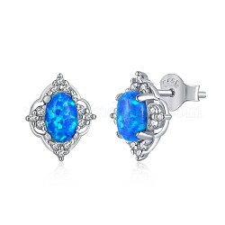 Rhodium Plated 925 Sterling Silver Opal Stud Earrings for Women, with S925 Stamp, Real Platinum Plated, Rhombus, Dodger Blue, 8.6x10.5mm.