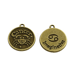 Double-side Tibetan Style Alloy Pendants, Flat Round with Constellation/Zodiac Sign Sign, Cadmium Free & Nickel Free & Lead Free, Cancer, 20.5x18x2.5mm, Hole: 2mm, about 8pcs/25g