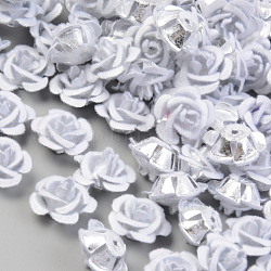 Perlas de aluminio flocky, flor color de rosa, blanco, 15x15x9mm, agujero: 1.4 mm, aproximamente 1000 unidades / bolsa