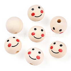 Perles en bois naturel non fini, perles rondes en bois à imprimé visage souriant, Perles avec un grand trou   , papayawhip, 23~25x22.5~23mm, Trou: 5.5~6.5mm