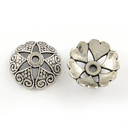 Tibetischen Stil Legierung Perlenkappen, cadmiumfrei und bleifrei, Blume, Antik Silber Farbe, 14x5 mm, Bohrung: 2 mm