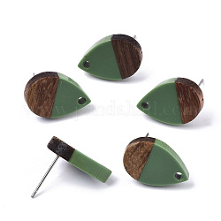 Resin & Walnut Wood Stud Earring Findings, with 304 Stainless Steel Pin, Teardrop, Sea Green, 17x11mm, Hole: 1.8mm, Pin: 0.7mm