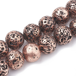 Brins de perles de pierre de lave naturelle galvanisées, ronde, cuivre plaqué, 8~9mm, Trou: 1mm, Environ 46 pcs/chapelet, 14.76 pouce
