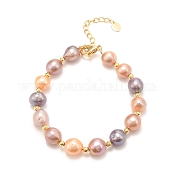 Natural Pearl Beaded Bracelets, Real 18K Gold Plated, with Brass Beads, Long-Lasting Plated, Colorful, 6-3/4 inch(17.2cm)