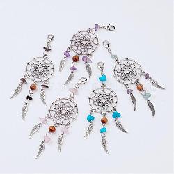 Alloy Pendants, Woven Net/Web with Feather, with Natural/ Synthetic Natural & Synthetic Mixed Stone Beads and Brass Lobster Claw Clasps, Antique Silver and Platinum, 85.5mm