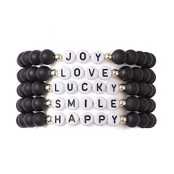 5 pièces 5 styles verre rond perles tressées bracelets de perles ensemble, bracelets empilables en acrylique avec mot porte-bonheur, fumée blanche, diamètre intérieur: 2-1/4~3-3/8 pouce (5.8~8.5 cm), 1pc / style