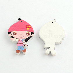 Lovely Girl Printed Wood Pendants, Dyed, Hot Pink, 46x28x4mm, Hole: 2mm