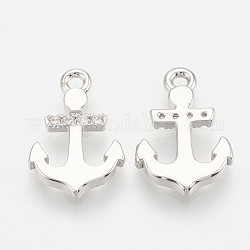 Brass Micro Pave Cubic Zirconia Charms, Anchor, Nickel Free, Real Platinum Plated, 14x9.5x1.5mm, Hole: 1mm
