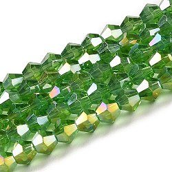Прозрачные стеклянные бусины гальваническим пряди, с покрытием AB цвета, граненые, двухконусные, зеленый лайм, 4x4 мм, отверстие : 0.8 мм, около 87~98 шт / нитка, 12.76~14.61 дюйм (32.4~37.1 см)