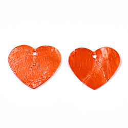 Colgantes de concha de capiz pintados con aerosol, corazón, rojo naranja, 21.5~22x25x1mm, agujero: 1.5 mm