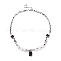 Collana da donna con charm ottagonale con strass, collana di perle imitazione perla, jet, argento, 18.5 pollice (47 cm)