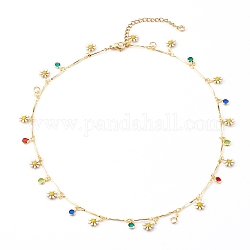 Messing Emaille Anhänger Halsketten, mit Glas und 304 Edelstahl-Karabinerverschluss, Blume, Farbig, golden, 15.94 Zoll (40.5 cm)