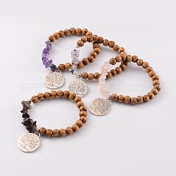 Bracelets extensibles en perles rondes en bois, avec un mélange de copeaux de pierre perles et arbre de pendentifs en alliage de vie, argent antique, 60mm