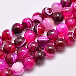 Agata a strisce naturali / fili di perle di agata fasciate, tinti e riscaldato, tondo, grado a, rosa intenso, 10mm, Foro: 1 mm, circa 39pcs/filo, 15.2 pollice (387 mm)