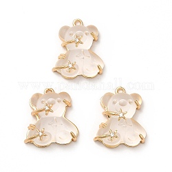 Transparent Resin Crystal Rhinestone Pendants, Bear Charms, with Rack Plating Real 14K Gold Plated Brass Findings, Cadmium Free & Lead Free, Floral White, 23x20.5x10mm, Hole: 1.8mm