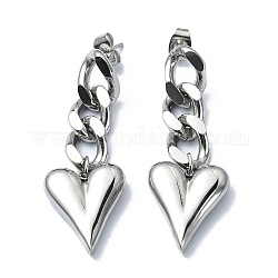304 orecchini pendenti a forma di cuore in acciaio inossidabile, orecchini pendenti con catene barbazzale, colore acciaio inossidabile, 45x16mm