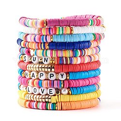 Handgemachte Heishi-Perlen-Stretch-Armbänder aus Fimo, stapelbare Armbänder, Wort Sonne/glücklich/liebe, golden, Mischfarbe, Innendurchmesser: 2~2-1/8 Zoll (5~5.5m), 12 Stück / Set